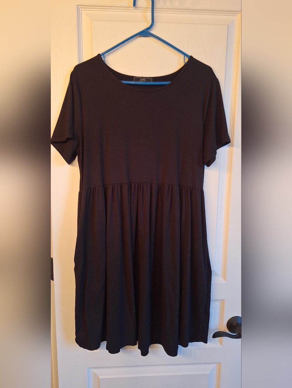 Vibe Black Short-Sleeve Mini Dress with Gathered Skirt